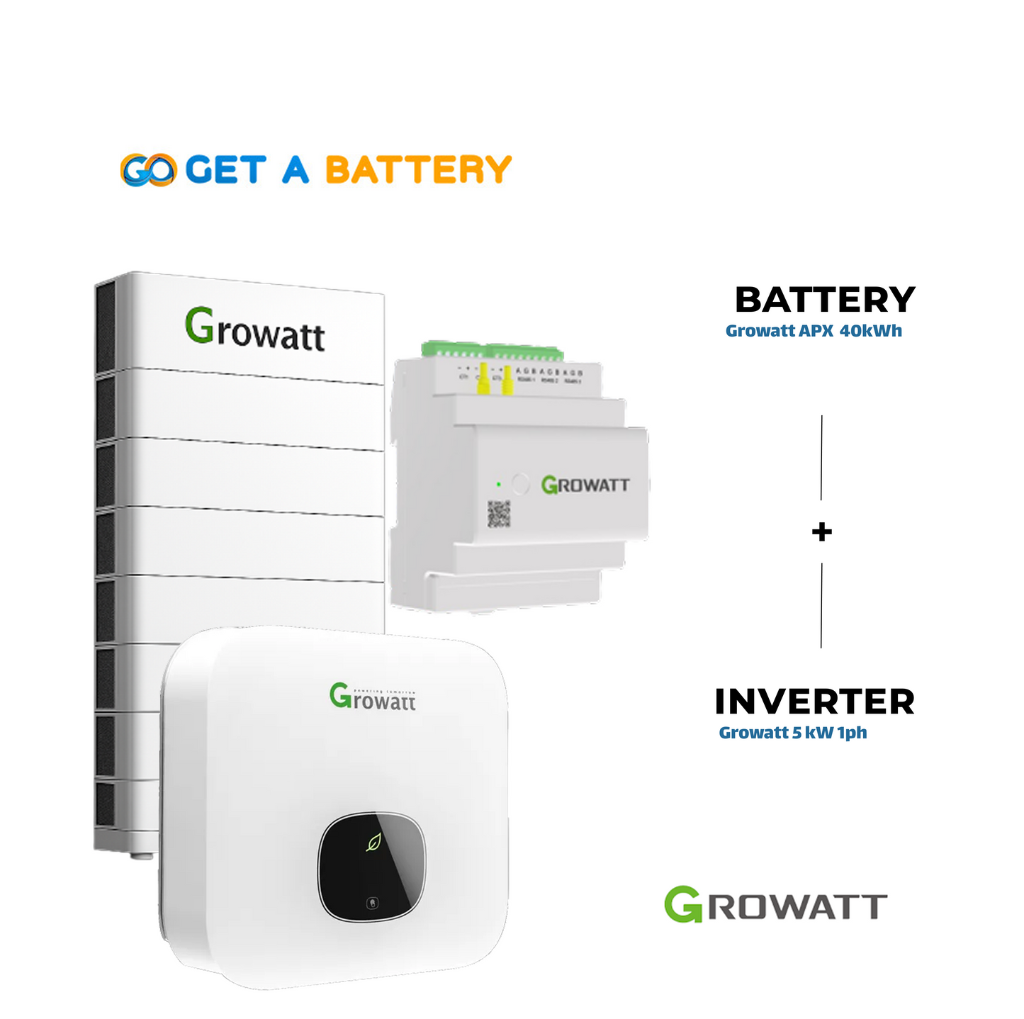 Growatt 5 kW Single-Phase Hybrid Inverter  with 
a 40 kWh Growatt Battery Pack (Smart Meter Included)